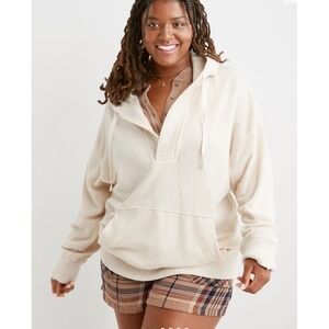 Aerie Henley Down to Earth Oatmeal Pullover Hoodie V Neck Long Sleeve Size S/P